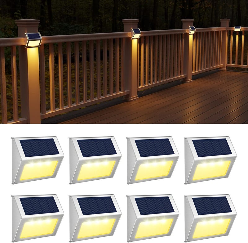 JSOT Solar Lights Outdoor for Deck,Waterproof Solar Powered Steps Light Outdoor Wireless LED Lamp Fence Lighting Walkway Patio Stair Garden Path Rail Backyard Fences Post 8 Pack Warm White - Image 1
