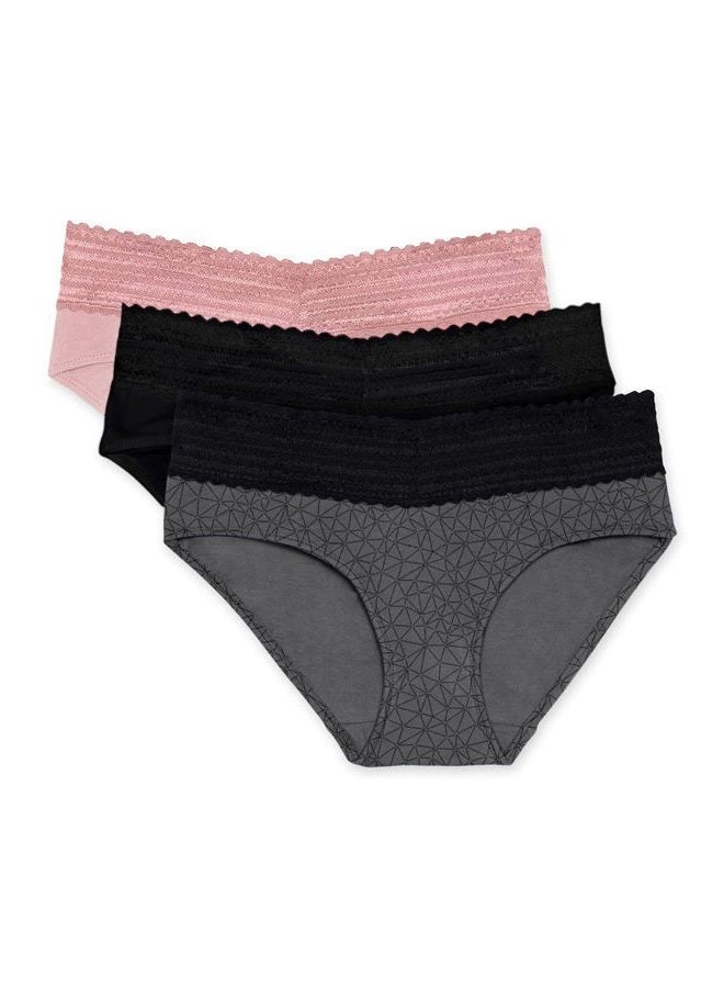 Women's Blissful Benefits Dig-Free Comfort Waist with Lace Cotton Hipster 3-Pack Wrw251hp11w, Stone Crystal Web/Black/Deauville Mauve, XL