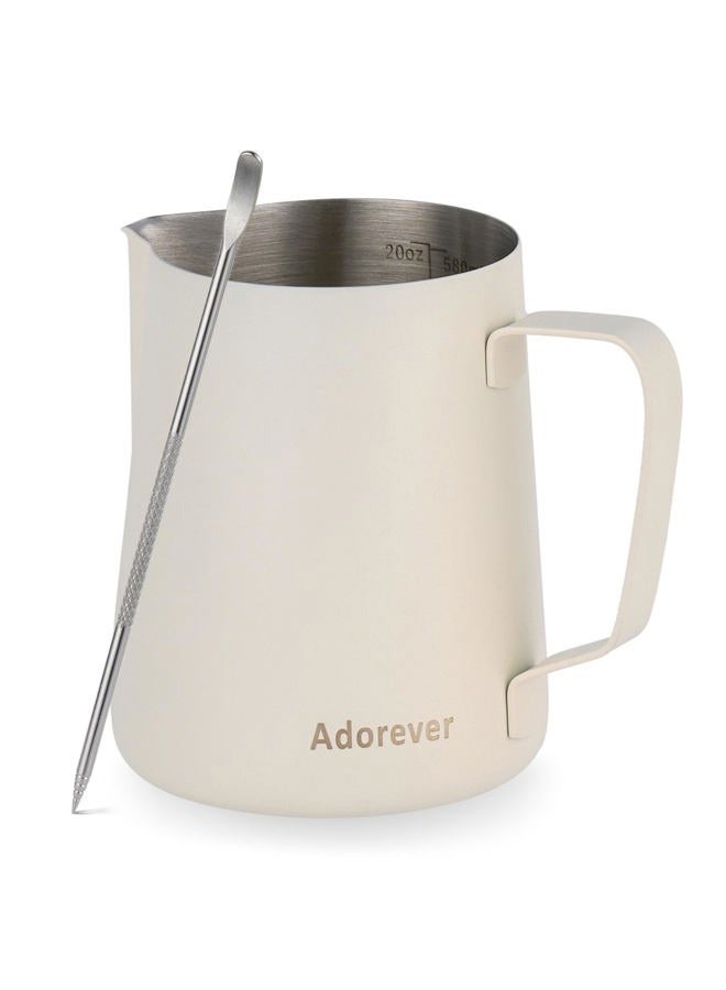 Adorever Milk Frothing Pitcher, 600ml/20oz Steaming Pitchers Stainless Steel Milk Coffee Cappuccino Latte Art Barista Steam Pitchers Milk Jug Cup with Decorating Art Pen, Matte White - Image 1