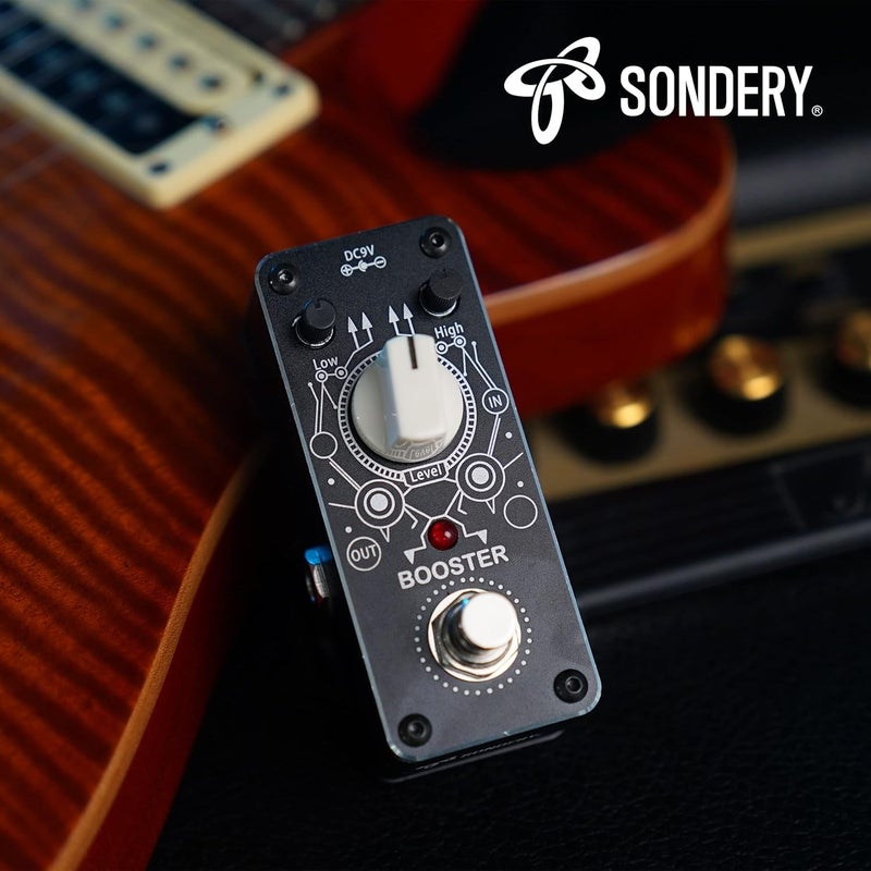 Sondery دواسة تعزيز الصوت (Boost Pedal) من للغيتارات الكهربائية والباس، توفر تأثير تعزيز نقي (Clean Boost)، مع وظيفة بايباس حقيقي (True Bypass)، تغيير في مستوى الصوت يتراوح بين 14 ديسيبل للترددات أقل من 250 هرتز أو أعلى من 1 كيلوهرتز، ضمن سلسلة التصاميم الفنية. - Image 5