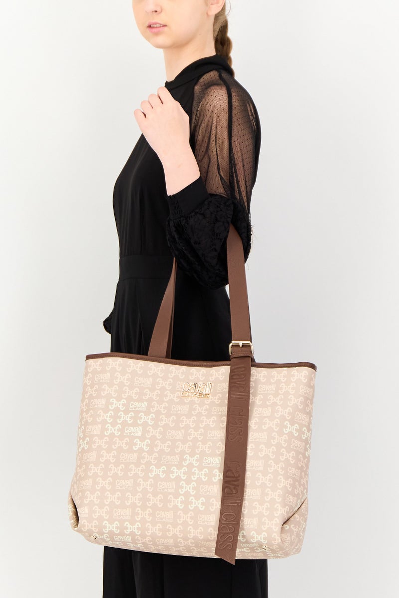 Cavalli Class Women Brand Logo Tote Bag, Beige - Image 3