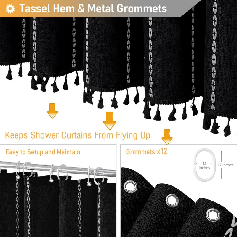 BTTN 78 Inch Long Shower Curtain - Boho Farmhouse Striped Linen Fabric Shower Curtain Set with Tassel  Tall Rustic Country Luxury Shower Curtains for Bathroom with Hooks  72x78  Black and White - Image 4