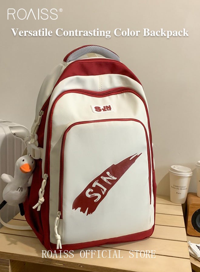 رويس حقيبة ظهر نسائية، تصميم بسحاب متعدد الجيوب مع قلادة على شكل بطة، حقيبة طلابية بسيطة ذات سعة كبيرة على طراز الحرم الجامعي، حقيبة تخزين ملونة للسفر والترفيه، أبيض وأحمر - Image 4
