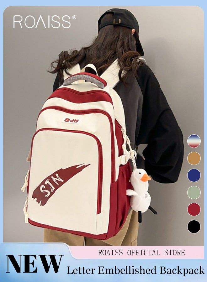 رويس حقيبة ظهر نسائية، تصميم بسحاب متعدد الجيوب مع قلادة على شكل بطة، حقيبة طلابية بسيطة ذات سعة كبيرة على طراز الحرم الجامعي، حقيبة تخزين ملونة للسفر والترفيه، أبيض وأحمر - Image 2