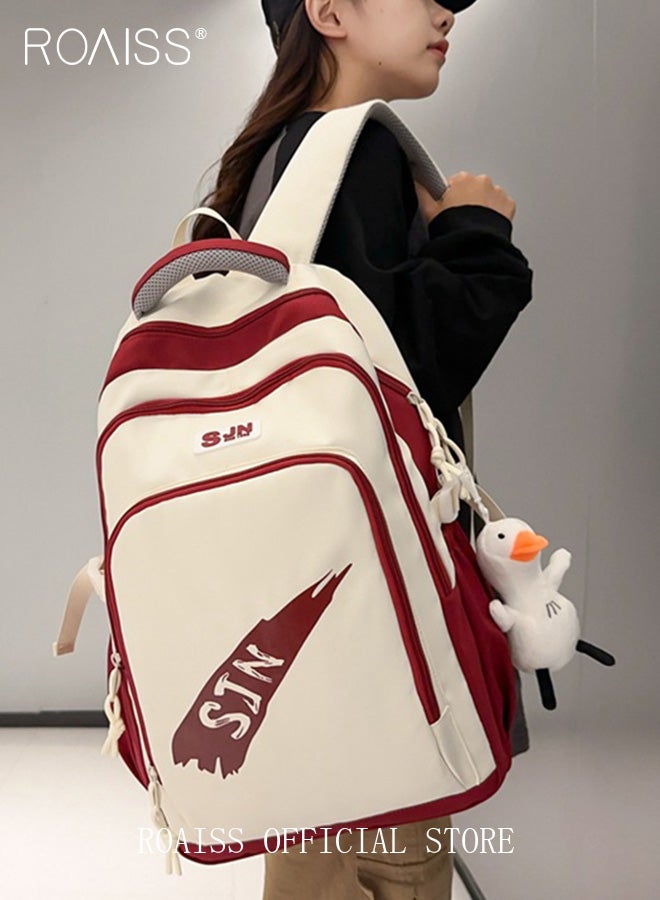 رويس حقيبة ظهر نسائية، تصميم بسحاب متعدد الجيوب مع قلادة على شكل بطة، حقيبة طلابية بسيطة ذات سعة كبيرة على طراز الحرم الجامعي، حقيبة تخزين ملونة للسفر والترفيه، أبيض وأحمر - Image 1