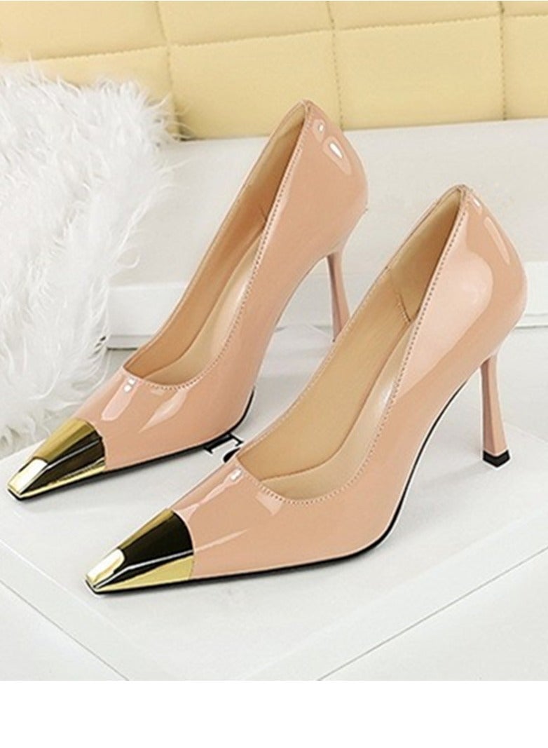 بيج تري المرأة أنيقة معدنية مغلقة أشارت إصبع القدم كعب عالية مضخات الحزب بيج 9.5CM - Image 1