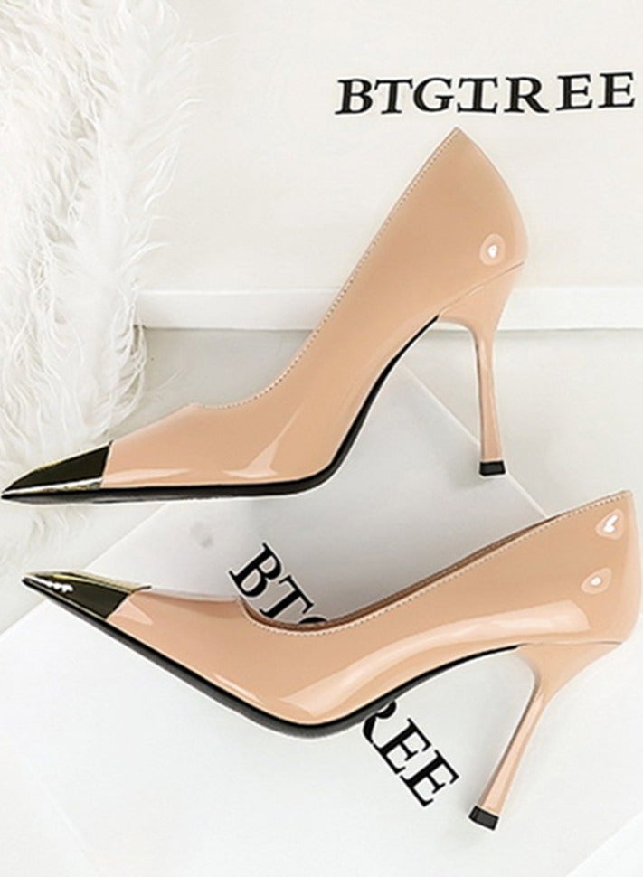 بيج تري المرأة أنيقة معدنية مغلقة أشارت إصبع القدم كعب عالية مضخات الحزب بيج 9.5CM - Image 3