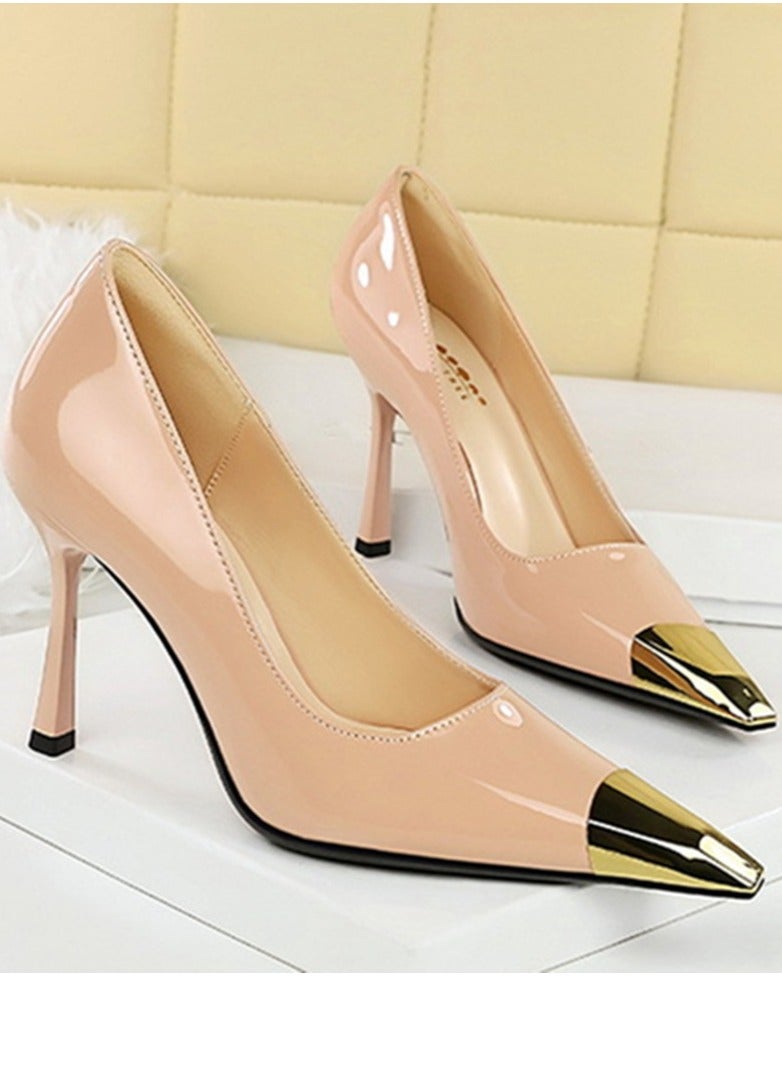 بيج تري المرأة أنيقة معدنية مغلقة أشارت إصبع القدم كعب عالية مضخات الحزب بيج 9.5CM - Image 2