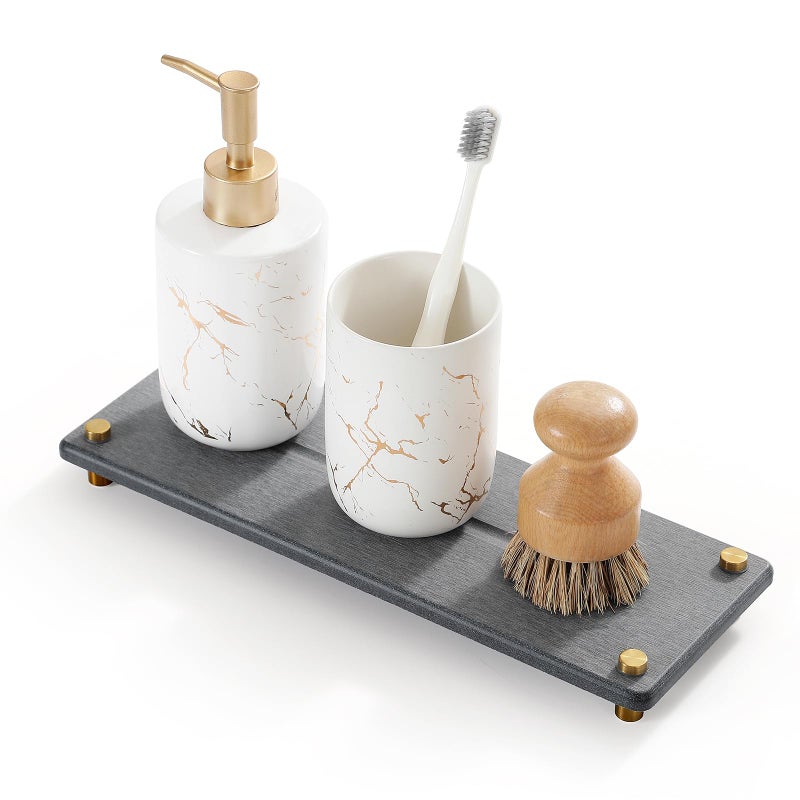 Razborci Kitchen Sink Caddy Water Absorbing Stone Drying Tray, Diatomite Bathroom Sink Organizer, Faucet Counter Mat Coaster, Soap Dish Rack Riser Dispenser Sponge Holder, Dark Gray Gold -12.5" x 4.5" - Image 1
