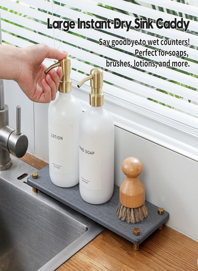 Razborci Kitchen Sink Caddy Water Absorbing Stone Drying Tray, Diatomite Bathroom Sink Organizer, Faucet Counter Mat Coaster, Soap Dish Rack Riser Dispenser Sponge Holder, Dark Gray Gold -12.5" x 4.5" - Image 3
