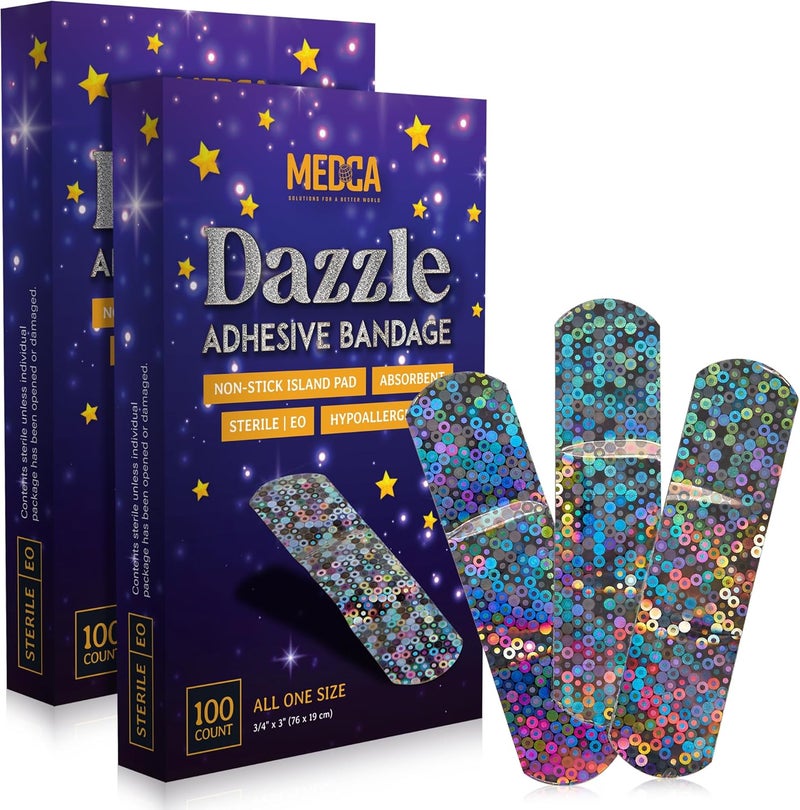 MEDca Glitter Bandages for Kids 200 Count Box Adhesive Bandage Strips wColorful Glitter Design  LatexFree Individually Wrapped Strips for First Aid Wound Care Minor Cuts - Image 1