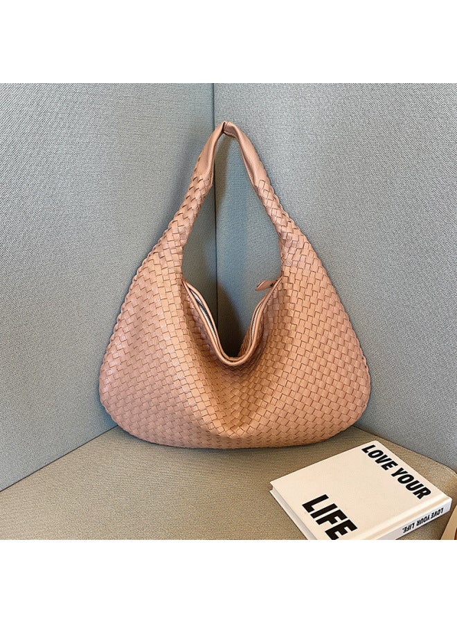 French Style Versatile Women's Knitted Handbag Niche Underarm Bag High-end Feel Commute Tote Bag Durable Strap Single Shoulder-Color:Pink Large-Dimensions:Large 47*32  - Image 1