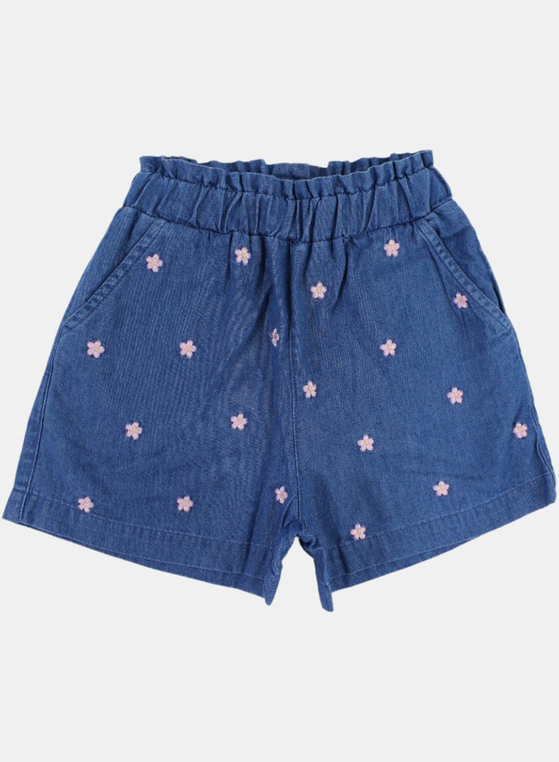 Girls Denim Short – Floral Embroidery – Medium Denim