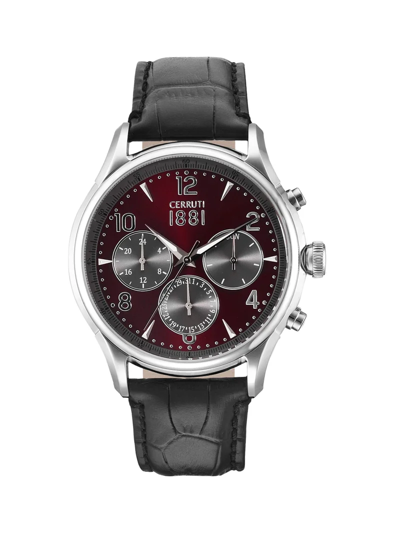 Men’s Ceramic Gold Tone Stainless Steel Watch Burgundy Dial Black Leather Strap