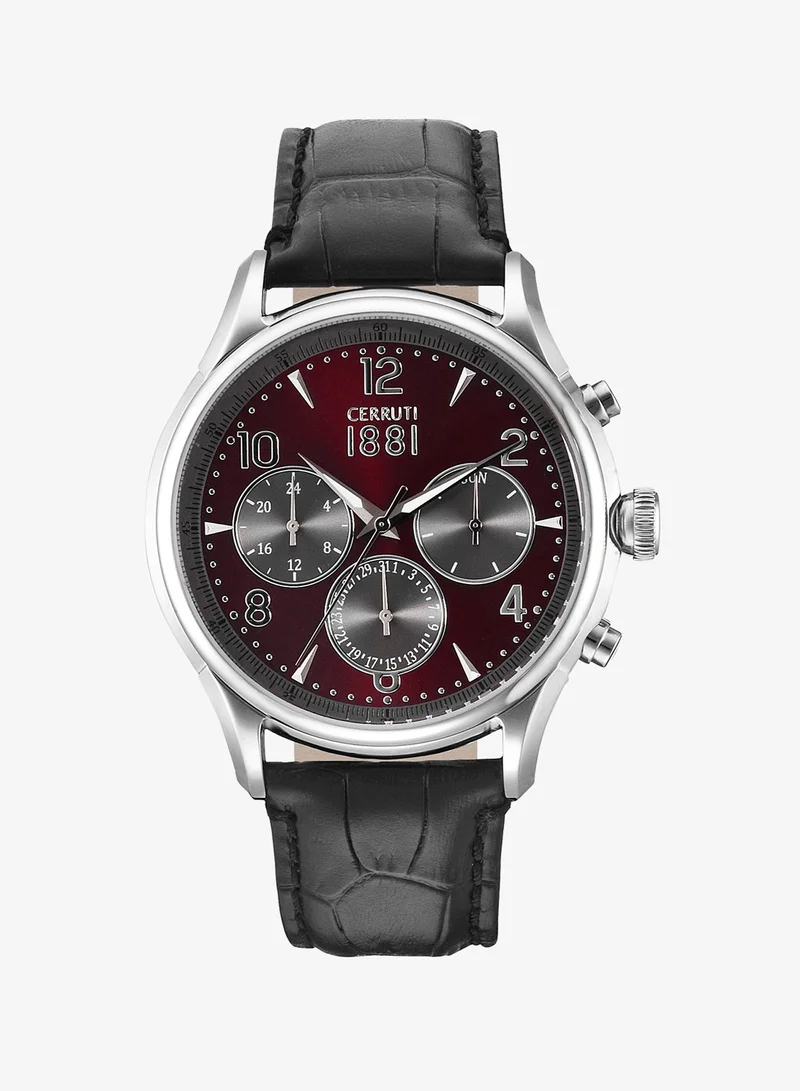 Men’s Ceramic Gold Tone Stainless Steel Watch Burgundy Dial Black Leather Strap