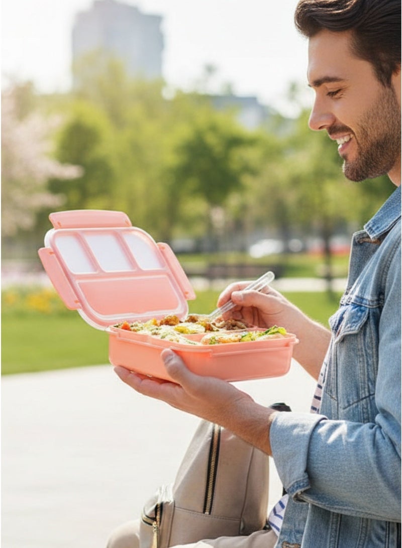 Peach Pink Bento Lunch Box – 4 Compartments, Food‑Grade BPA‑Free PP, Leak‑Proof, Microwave & Dishwasher Safe, with Built‑In Cutlery Set - Image 1