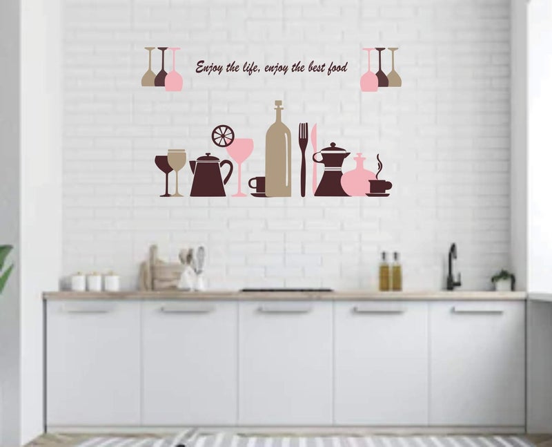 Decor Villa PVC Vinyl Enjoy The Life Enjoy The Best Food Kitchen Quotes Stickers for Wall Tiles Kitchen Size 58 Cm X 33 Cm Multicolour