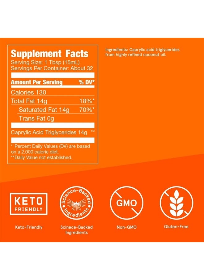 Brain Octane C8 MCT Oil, 16 Ounces, Keto Supplement for Sustained Energy and Fewer Cravings