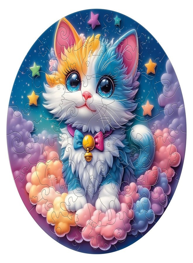 AEEKDOOK 50 Piece Puzzles for Kids - Celestial Kitten Wooden Puzzles for Kids Ages 4-6 - Kids Puzzle with Unique Animal Shapes - Spring Gifts Puzzles for Boys and Girls (11.4 * 11.4 in) - Image 1