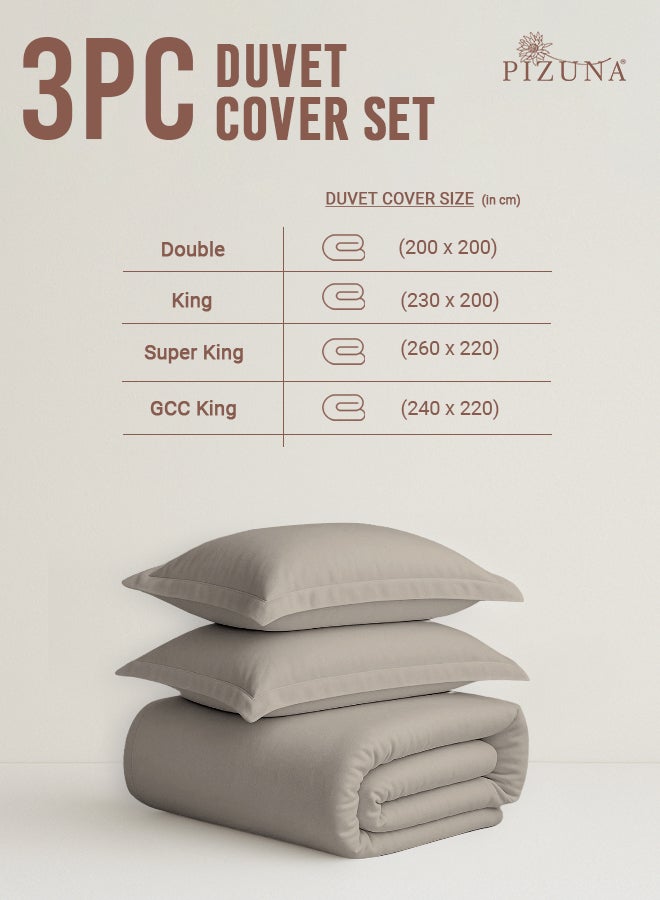 PIZUNA Pure Combed Cotton Duvet Cover King 260x220 cm, Simply Taupe, 400 Thread Count Cool Breathable 100% Long Staple Cotton Sateen Weave Quilt Cover with 2 Pillowcases (Luxurious Bedding Set) - Image 3