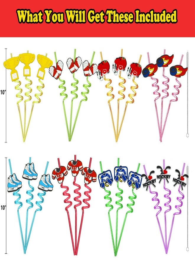 MEAXUR 24 pcs Ice Hockey Theme Twisty Reusable Straws for Ice Hockey Sports Party Favors, Daily Drink Straws, Birthday Party, Class Reunion, Sports Hockey Party Supplies with 2 Cleaning Brush.（8color） - Image 2