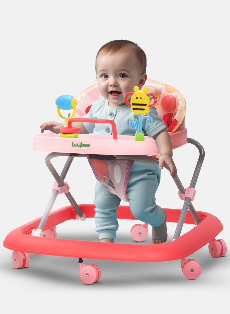 BAYBEE Baby Walker for Kids, Foldable Kids Walker with 3 Position Adjustable Height & Musical Toy Bar Activity Walker for Toddlers, Kids Walker for Baby Boy Girl 6 to 18 Months Pink - Image 1