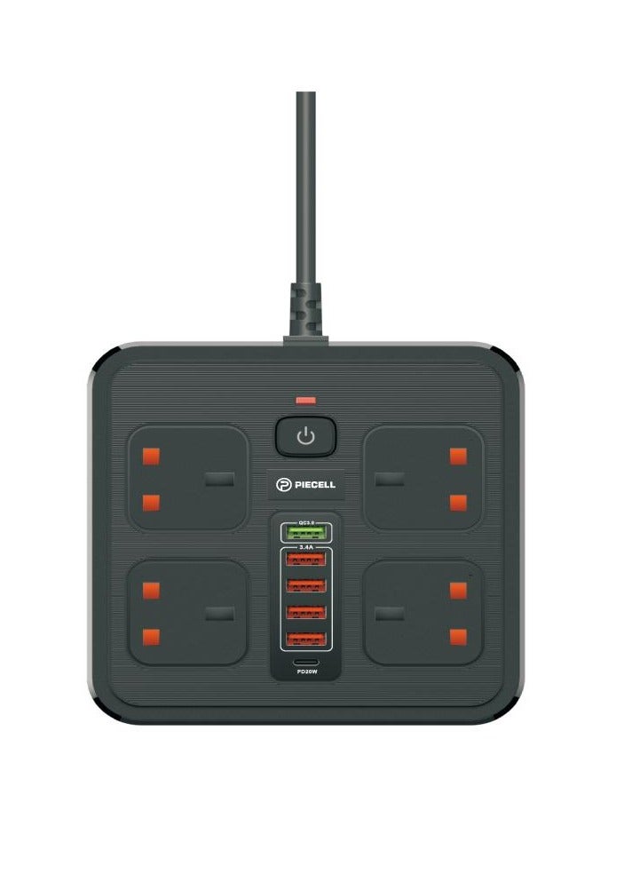 بايسيل مشترك كهربائي متعدد الاستخدامات بطول 3 أمتار، بجهد عالي يصل إلى 3000 واط. مزود بمؤقت، و4 منافذ طاقة، و5 منافذ USB، ومنفذ طاقة من النوع C بقوة 38 واط مع مفتاح تشغيل/إيقاف. يبلغ طول الكابل 3 أمتار. - Image 2