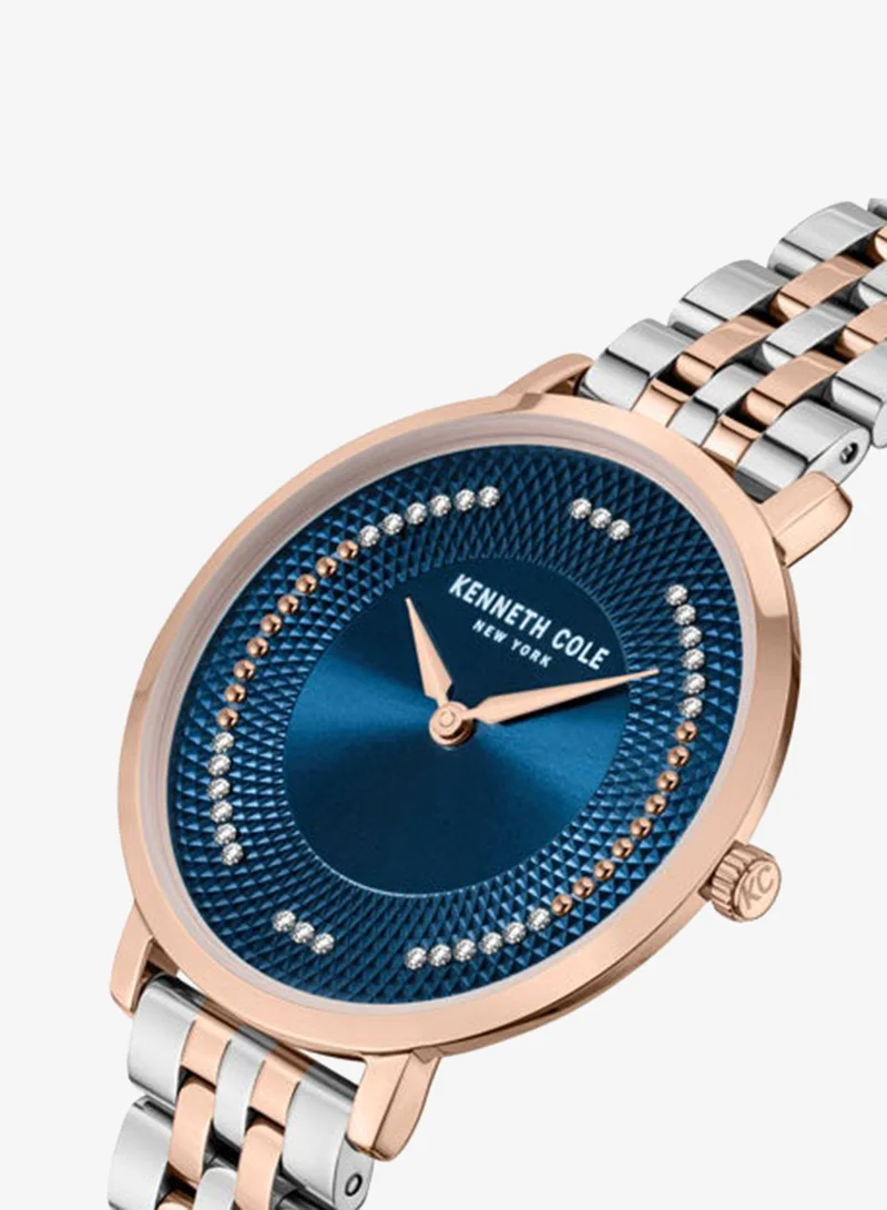Kenneth Cole New York Blue Dial Silver-Rose Gold Stainless Steel Bracelet Analog Watch for Women 34mm