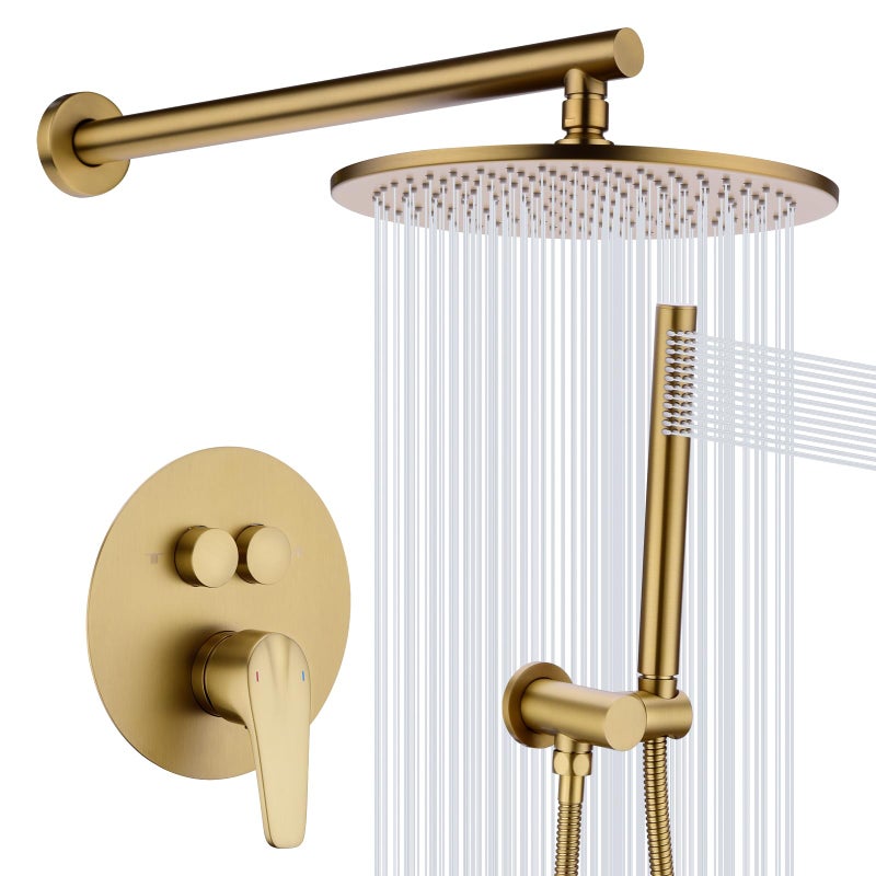 TRUSTMI Push Button Shower System Brushed Brass Gold 10 Inch Rainfall Shower Set Pressure Balanced RoughIn Valve and Trim Kit Wall Mount - Image 2