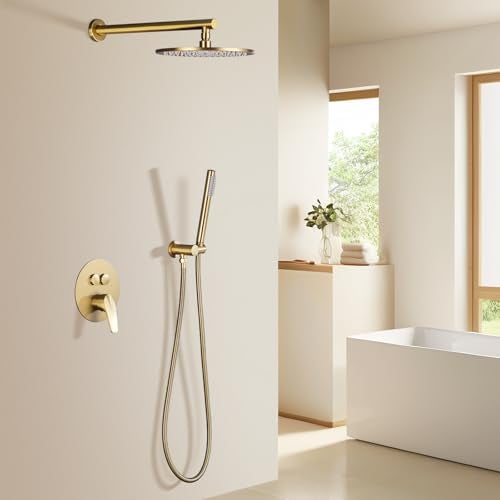 TRUSTMI Push Button Shower System Brushed Brass Gold 10 Inch Rainfall Shower Set Pressure Balanced RoughIn Valve and Trim Kit Wall Mount - Image 3