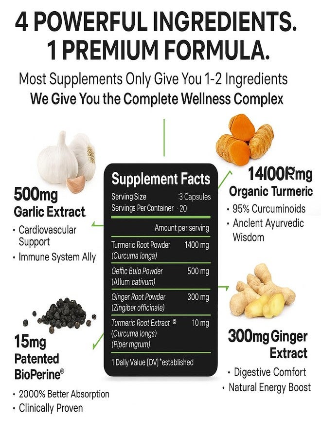 vitaxmin مكمل الكركمين مع البيوبيرين والثوم - 2360 ملغ كبسولات جذر الكركم والزنجبيل عالية الفعالية لدعم المفاصل، وتعزيز صحة المناعة، ومكافحة الالتهابات - 60 كبسولة نباتية - Image 2