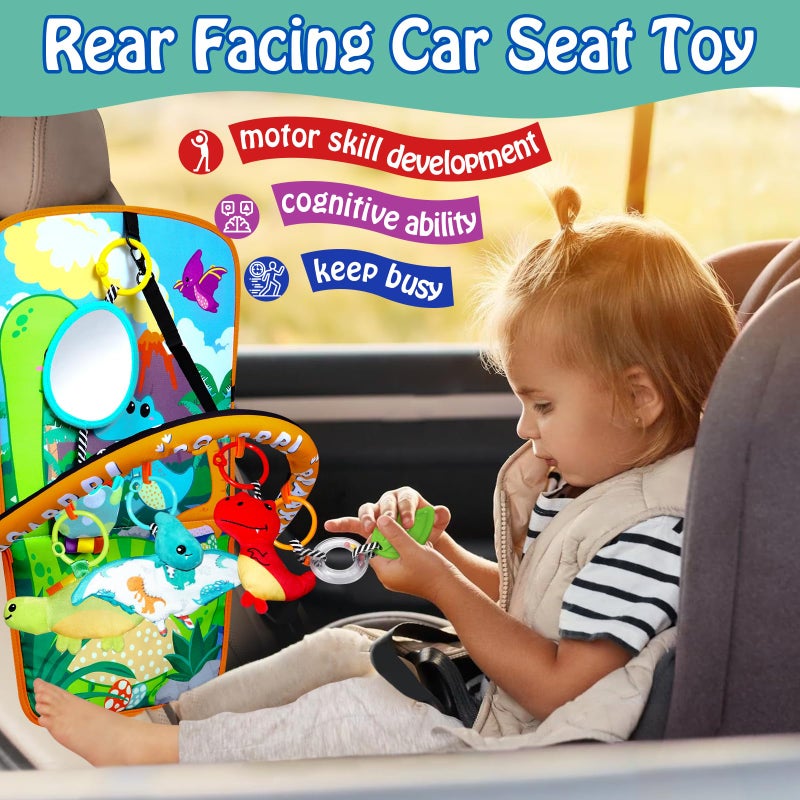 Innofans Baby Car Seat Dinosaurs Toys - Kick and Play Double Sided Infant Car Seat Toys with Plush Toys, Mirror, Teether for Baby, Babys Travel Activities, Christmas Birthday Gifts Newborn Infant Toys - Image 3