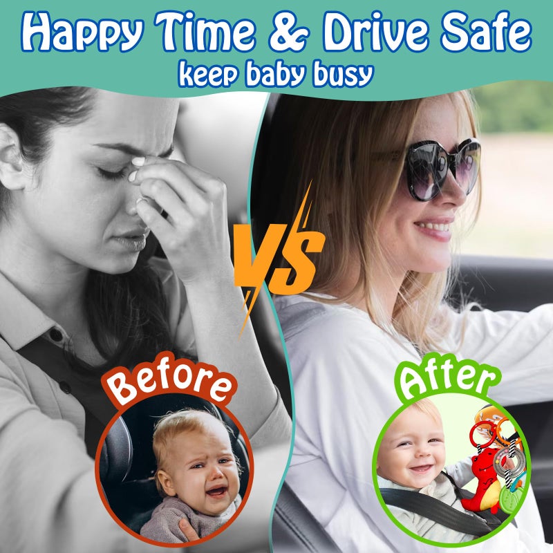 Innofans Baby Car Seat Dinosaurs Toys - Kick and Play Double Sided Infant Car Seat Toys with Plush Toys, Mirror, Teether for Baby, Babys Travel Activities, Christmas Birthday Gifts Newborn Infant Toys - Image 2