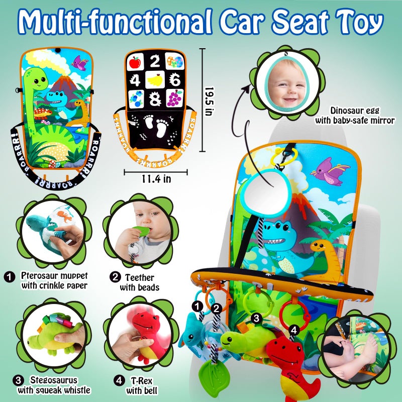 Innofans Baby Car Seat Dinosaurs Toys - Kick and Play Double Sided Infant Car Seat Toys with Plush Toys, Mirror, Teether for Baby, Babys Travel Activities, Christmas Birthday Gifts Newborn Infant Toys - Image 4