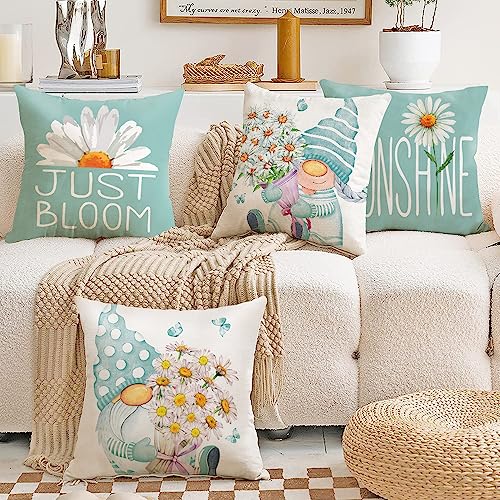 All Smiles Light Blue Throw Pillow Covers 18x18 Set of 4 Outdoor Spring Summer Decorative Cushion Cases Home Dcor Decorations for Patio Couch Chair SofaDaisy Floral Gnomes - Image 3