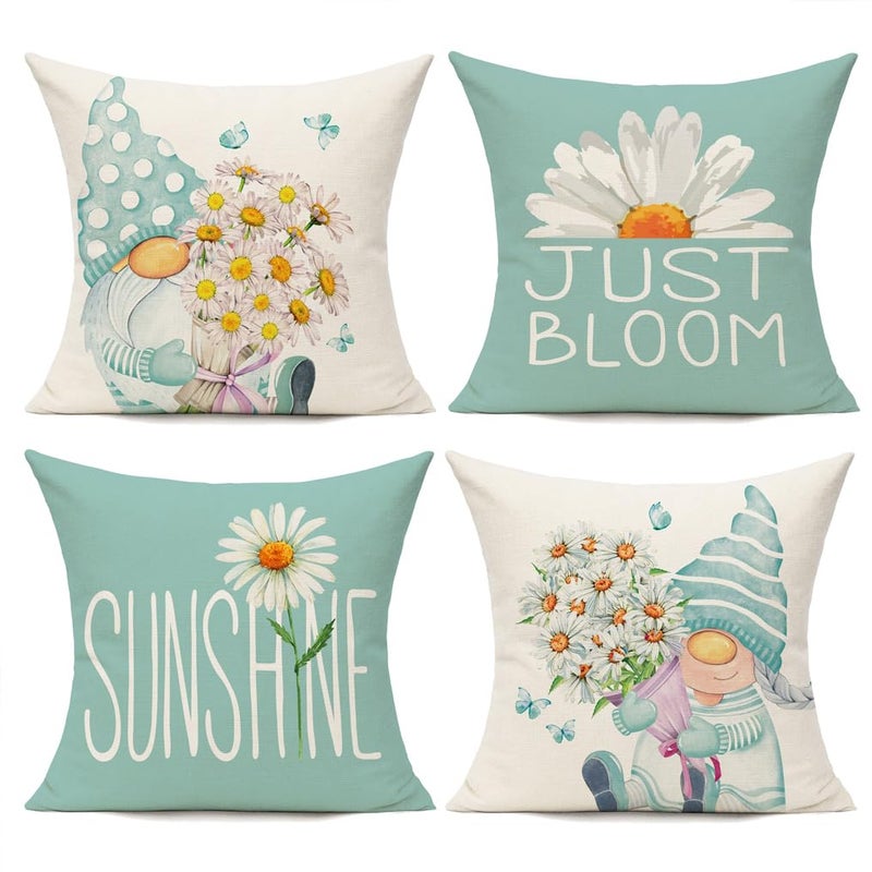 All Smiles Light Blue Throw Pillow Covers 18x18 Set of 4 Outdoor Spring Summer Decorative Cushion Cases Home Dcor Decorations for Patio Couch Chair SofaDaisy Floral Gnomes - Image 2