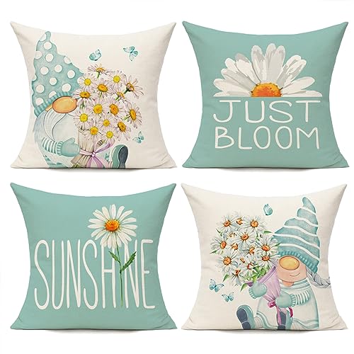 All Smiles Light Blue Throw Pillow Covers 18x18 Set of 4 Outdoor Spring Summer Decorative Cushion Cases Home Dcor Decorations for Patio Couch Chair SofaDaisy Floral Gnomes - Image 1