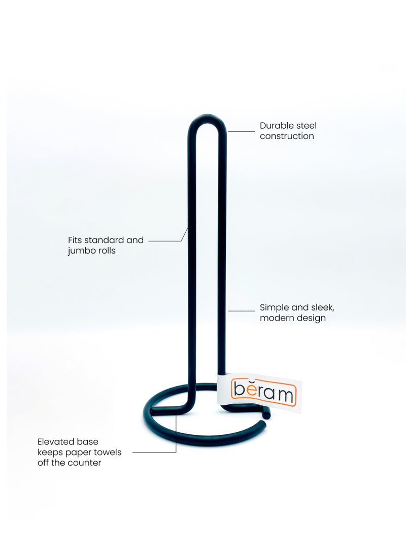 Beram - Tissue Stand for Kitchen, Standing Natural Stainless Steel Black Paper Towel Holder, Non Slip Base, Aesthetic Counter Top Accessory, Vertical Roll Stand - Image 1