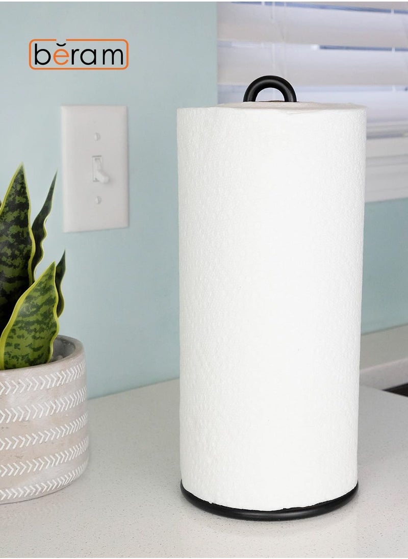 Beram - Tissue Stand for Kitchen, Standing Natural Stainless Steel Black Paper Towel Holder, Non Slip Base, Aesthetic Counter Top Accessory, Vertical Roll Stand - Image 1
