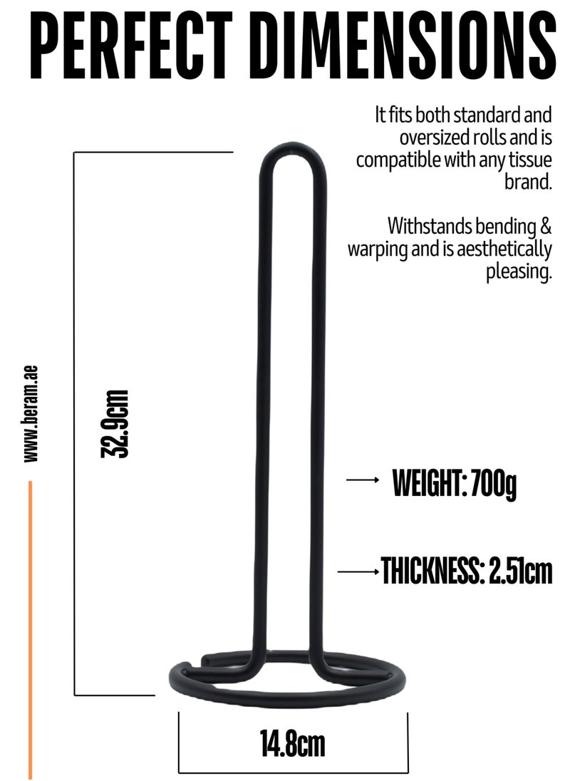 Beram - Tissue Stand for Kitchen, Standing Natural Stainless Steel Black Paper Towel Holder, Non Slip Base, Aesthetic Counter Top Accessory, Vertical Roll Stand - Image 1