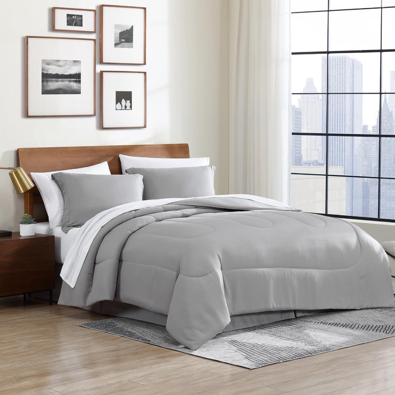 Cathay Home Cathay Home Basic Bedding Home Essential Ultra Soft Light Weight 6PC Wrinkle Resistant Microfiber Bed in a Bag Set Includes Complete Sheet Set Comforter Set  Bedskirt  Twin Light Gray 