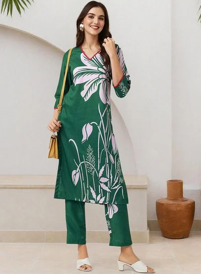 ISHIN Women'S Green 100% Polyester Embroidered Tunic Full Length Palazzo Straight Fit Kurta Set