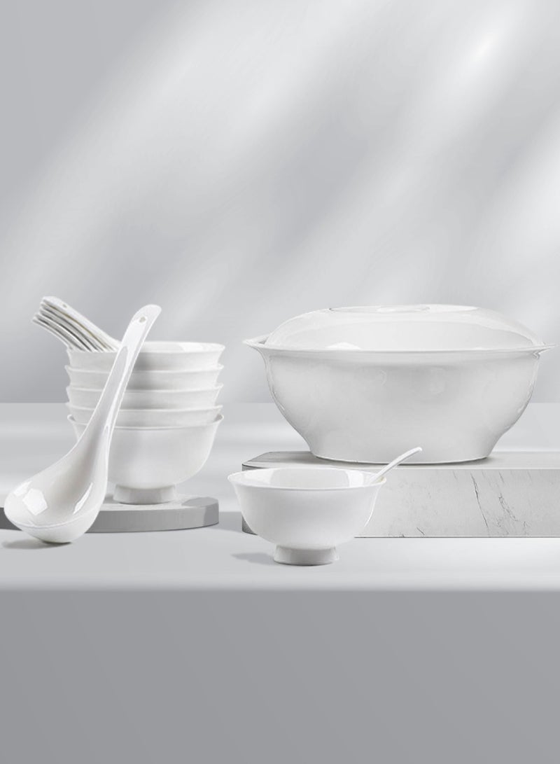 EzzySo طقم عشاء مكون من 14 قطعة من الخزف، مجموعة أدوات مائدة تحتوي على 6 سلطانيات وطبق واحد، طقم أدوات مائدة باللون الأبيض النقي، طقم شوربة للطهي لعدد 6 أشخاص، للاستخدام المنزلي والمناسبات والهدية. - Image 1