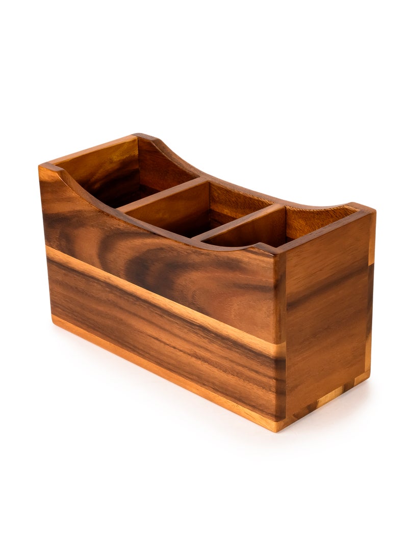 BILLI صندوق حامل أدوات المائدة الخشبي من بيلي أكاسيا – منظم أدوات المائدة من خشب الأكاسيا الفاخر، W11.2 x L26.5 x H14.3 سم، تخزين أدوات المائدة الريفي للمطبخ، طاولة الطعام، أو السطح - Image 1