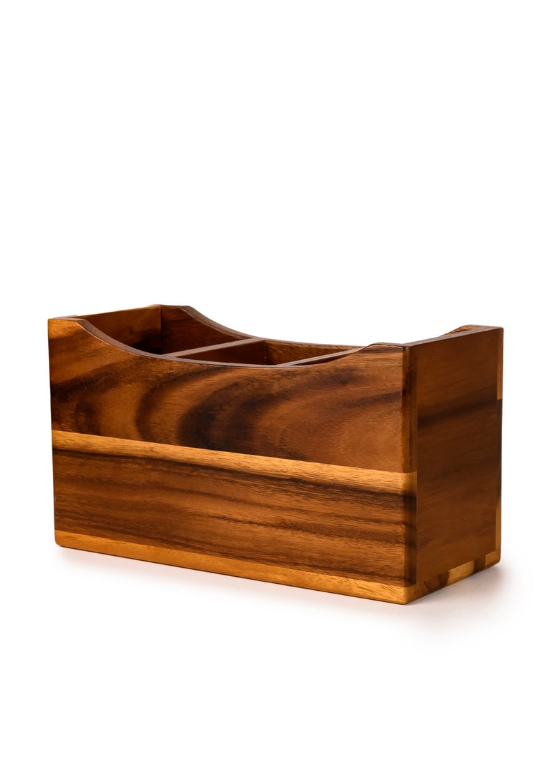 BILLI صندوق حامل أدوات المائدة الخشبي من بيلي أكاسيا – منظم أدوات المائدة من خشب الأكاسيا الفاخر، W11.2 x L26.5 x H14.3 سم، تخزين أدوات المائدة الريفي للمطبخ، طاولة الطعام، أو السطح - Image 2