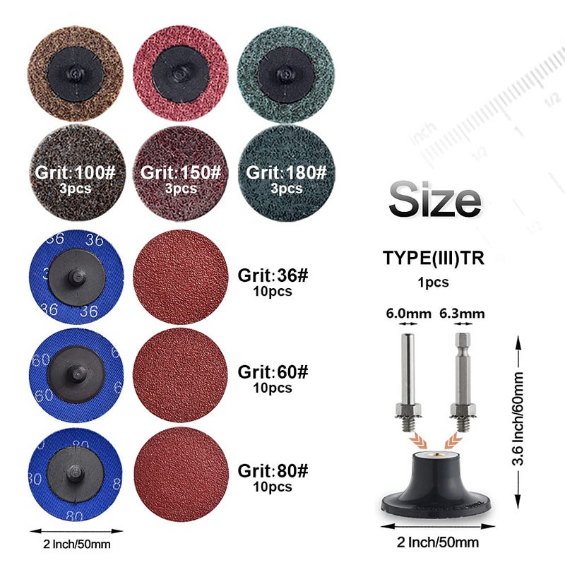 Tshya Quick Change Disc, 40 Pack 2 inch Sanding Discs, with 1/4" Roll Lock Disc Pad Holder for Die Grinder, A/O 36/60/80 Grit, Nonwoven CRS MED Fine, for Surface Preparation/Conditioning(Mix Nylon) - Image 2