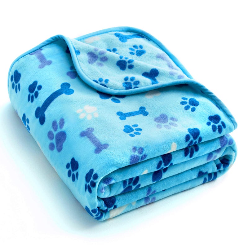 Allisandro Luxurious Dog Blanket 350 GSM Super Fuzzy Microplush Fleece Pet Blankets for Small Medium Large Dogs and Cats Blue Paw and Bone 40 x 32