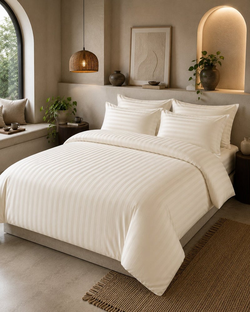 Aristocrat 6-Piece Stripe Microfiber Duvet Cover Set | King | Includes 1 Duvet Cover (240x260cm), 1 Deep Pocket Fitted Sheet (200x200+30cm) & 4 Pillowcases (53x75+15cm) | Ultra Soft, Breathable & Wrinkle Resistant | Cream - Image 1