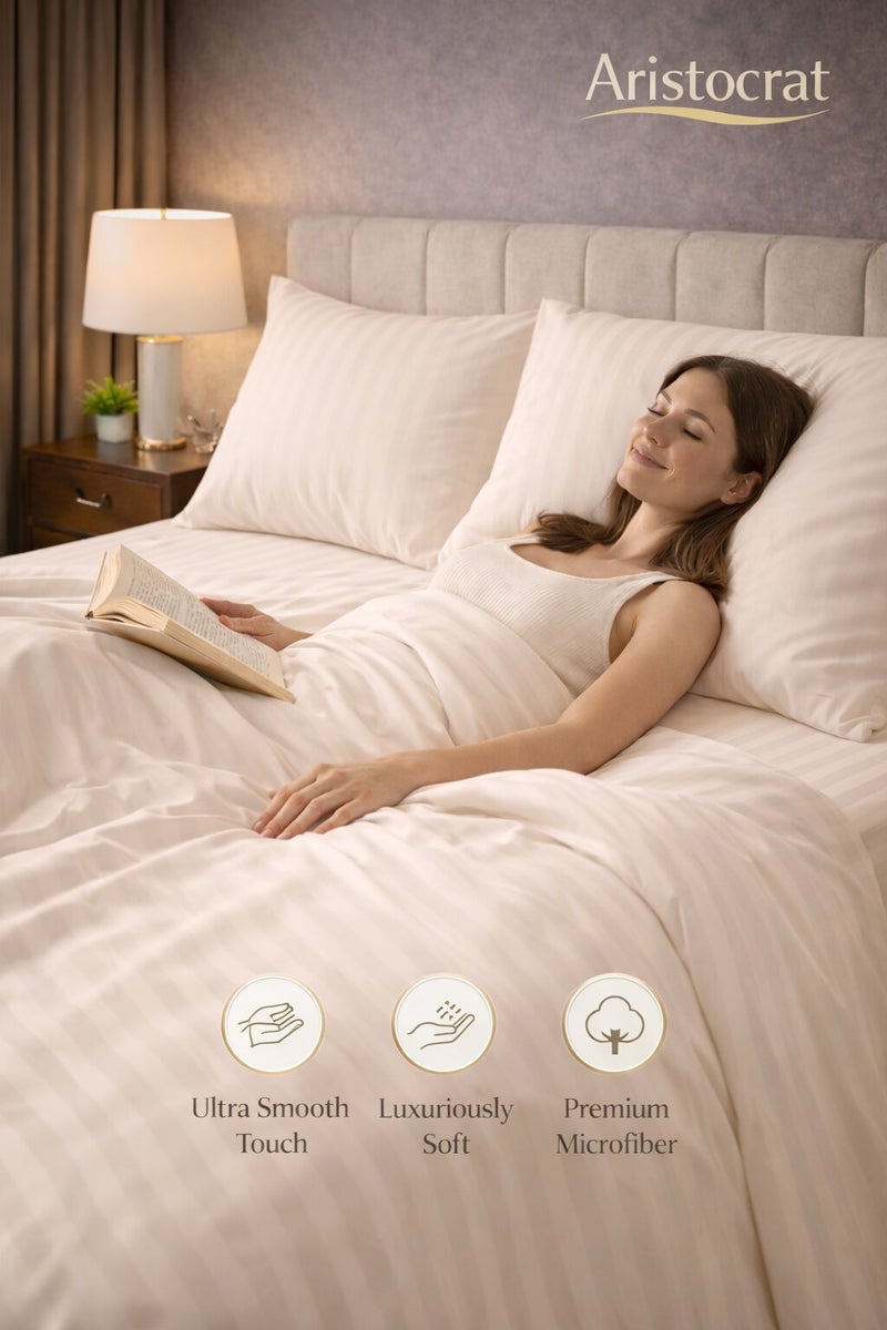 Aristocrat 6-Piece Stripe Microfiber Duvet Cover Set | King | Includes 1 Duvet Cover (240x260cm), 1 Deep Pocket Fitted Sheet (200x200+30cm) & 4 Pillowcases (53x75+15cm) | Ultra Soft, Breathable & Wrinkle Resistant | Cream - Image 4