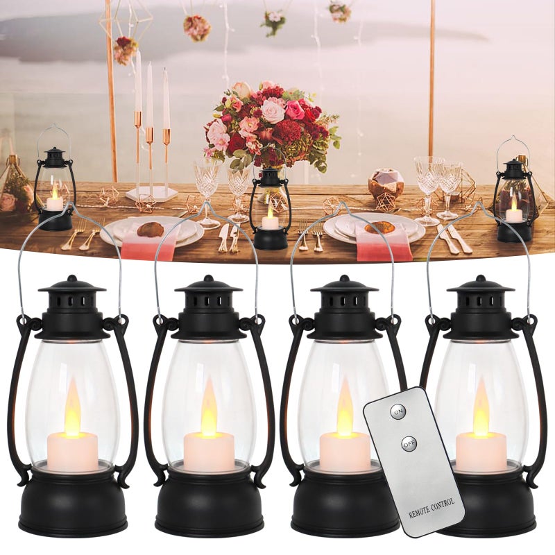 Reperla Vintage Lantern Decor 4Pack Candle Lantern with Remote Small Lantern Indoor Outdoor Hanging Lanterns for Wedding CenterpieceHalloweenChristmasCamping Decorations Western Party Decor